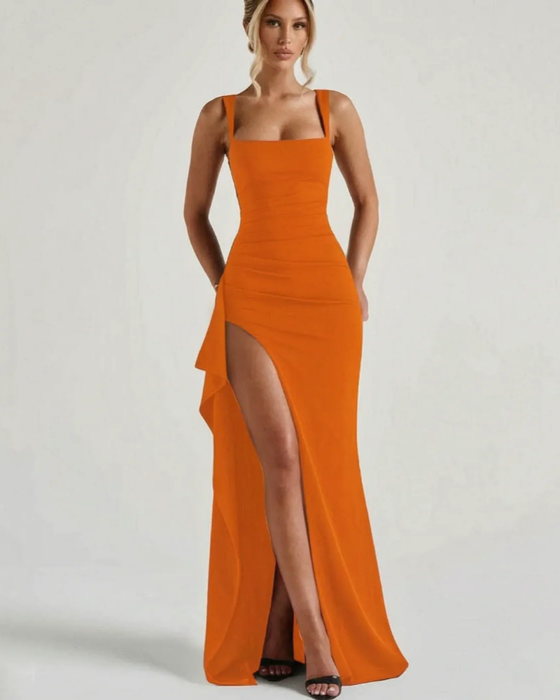Vestido Maxi Felicity para Mujer – Vestido Largo Ajustado con Escote Cuadrado y Abertura Alta Elegante
