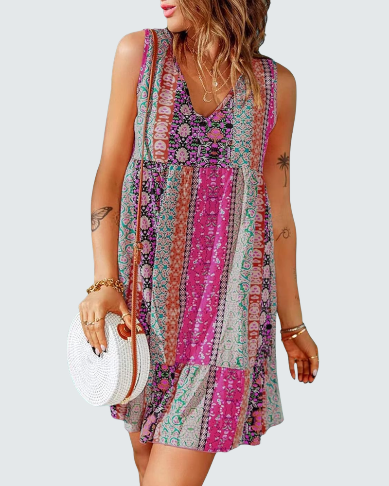 Vestido Luna Mulher Mini Floral – Decote em V, Sem Mangas, Corte A-Line Boémio Verão