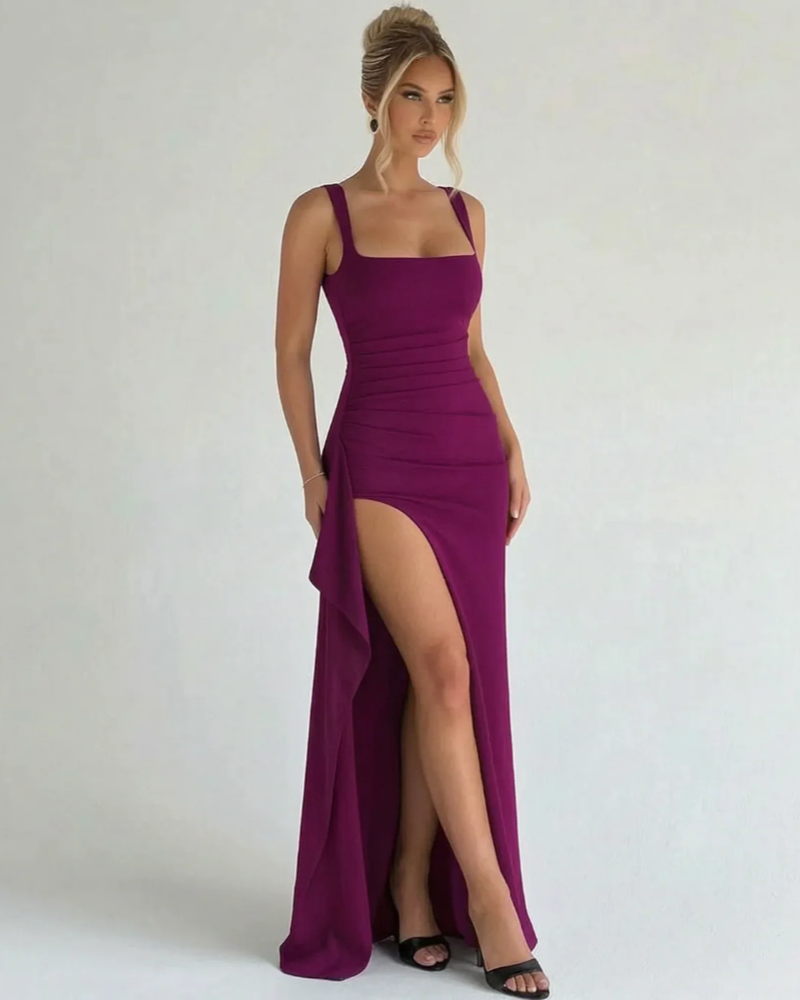 Vestido Maxi Felicity para Mujer – Vestido Largo Ajustado con Escote Cuadrado y Abertura Alta Elegante
