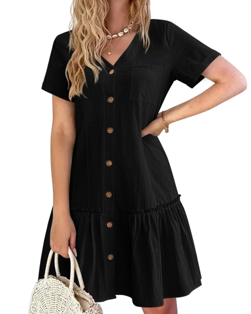 Claudia Robe Coton Lin Femme – Robe Col V Boutons Bois avec Jupe Plissée