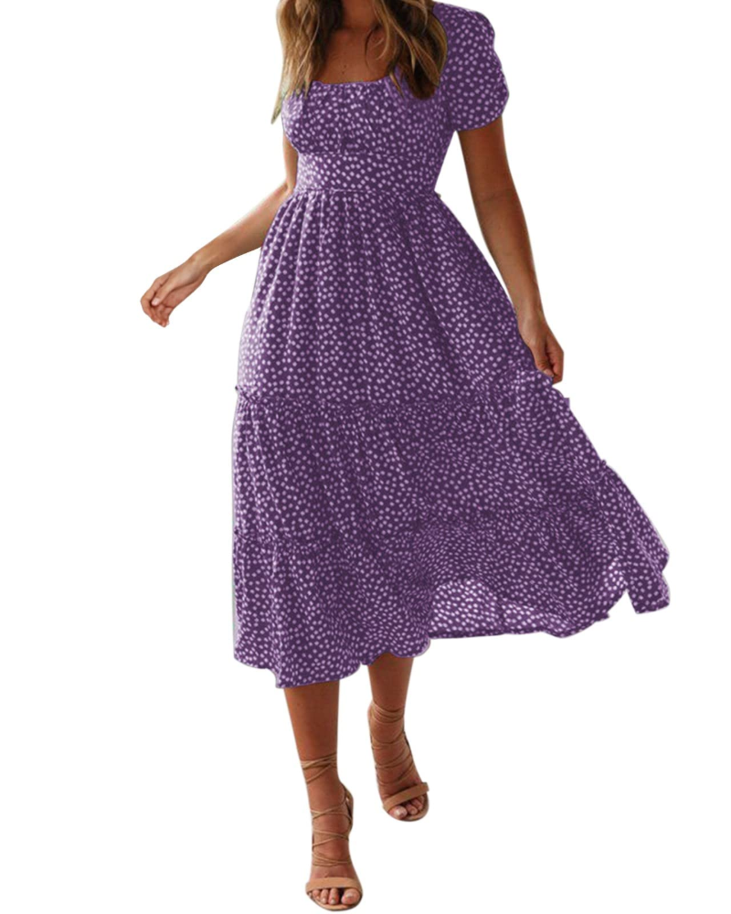 Aria Robe Midi Femme Été – Fleurie Col Carré Manches Volantées