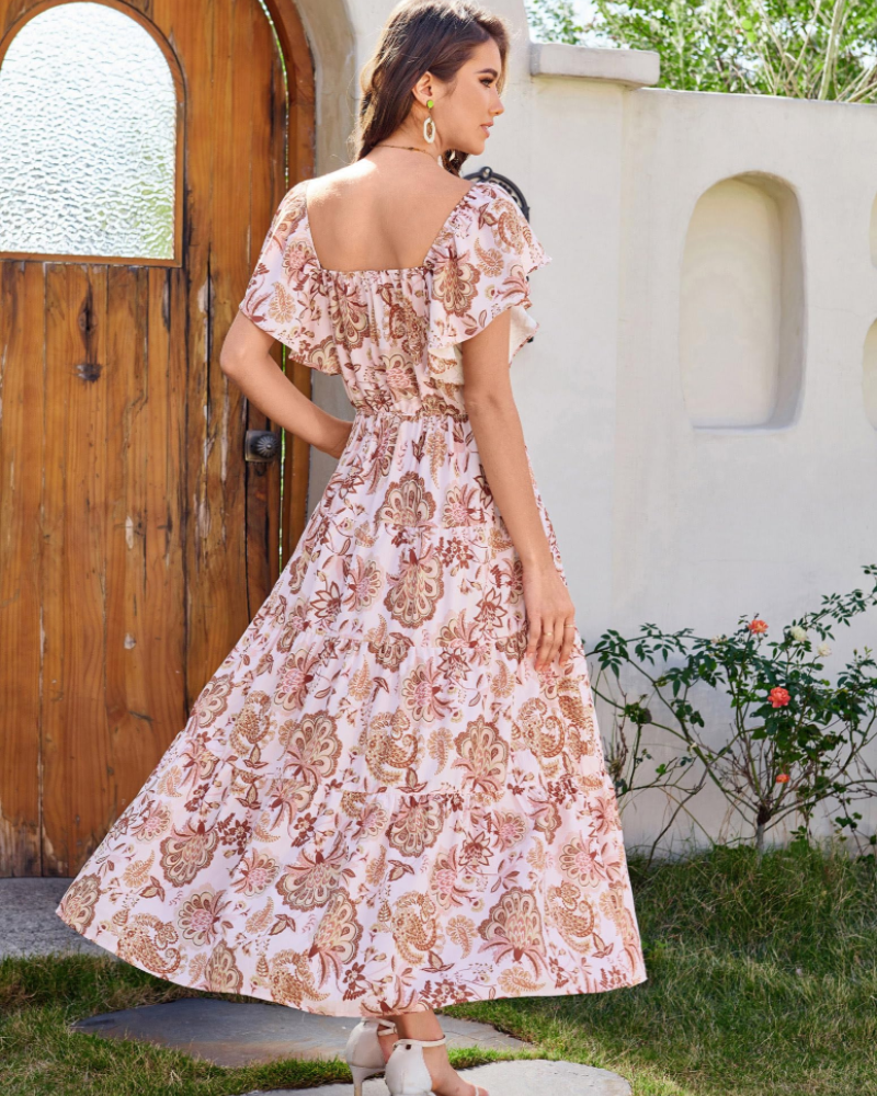 Brianna Maxikleid für Damen – Florales Muster, V-Ausschnitt, eckiger Kragen, Volants & Taschen