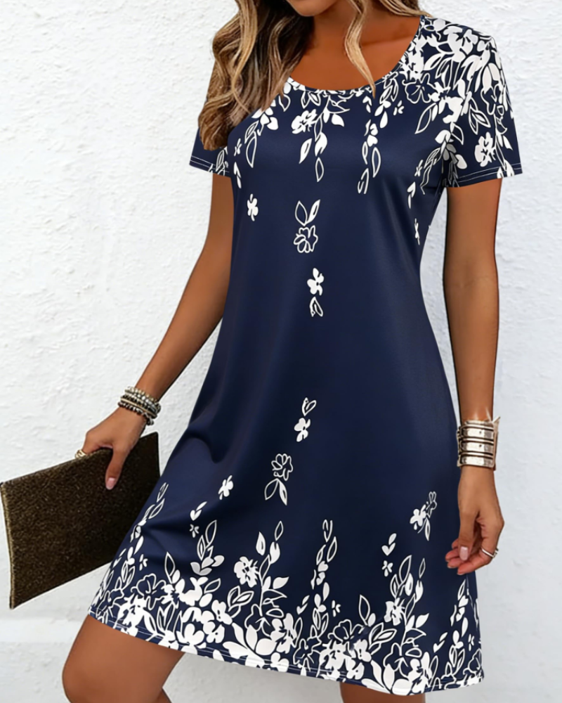 Imogen Printed Midi Dress for Women – Elegant Round Neck Short Sleeve Dress