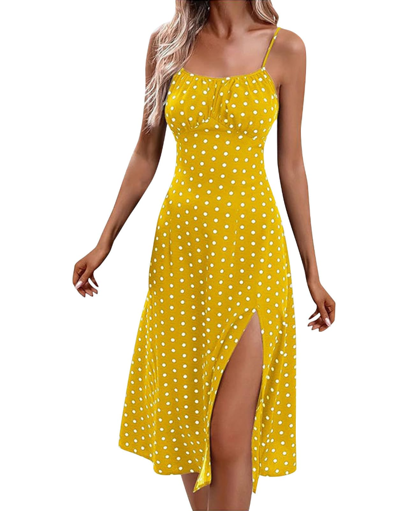 Violettes Sommerkleid für Damen – Punkte & Blumen, dünne Träger, seitliche Schlitze