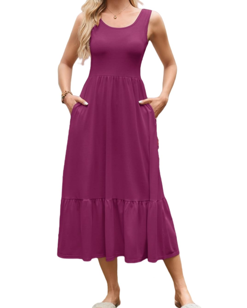 Cara Robe Maxi Femme Été – Sans Manches Col Rond & Poches
