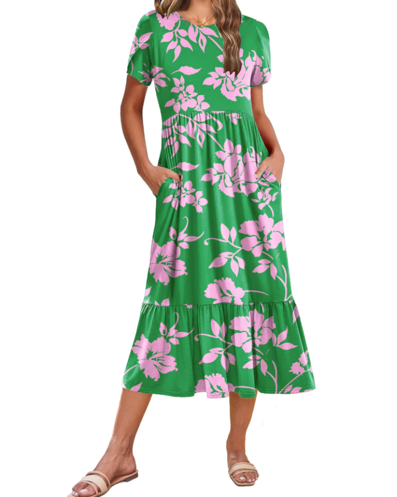 Emily Midikleid für Damen mit Volants – Sommerkleid mit ausgestelltem Schnitt, hoher Taille und Taschen