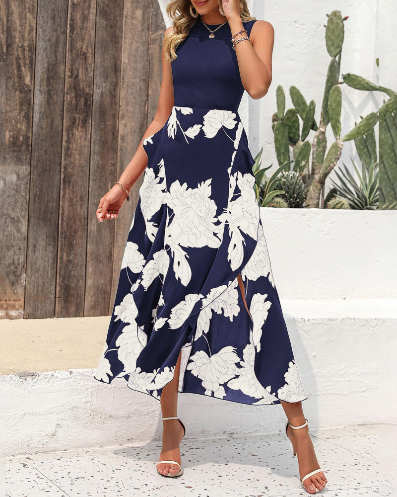 Zoey Midikleid mit Blumenmuster für Damen – ärmelloses Boho-Kleid mit hoher Taille und Volants