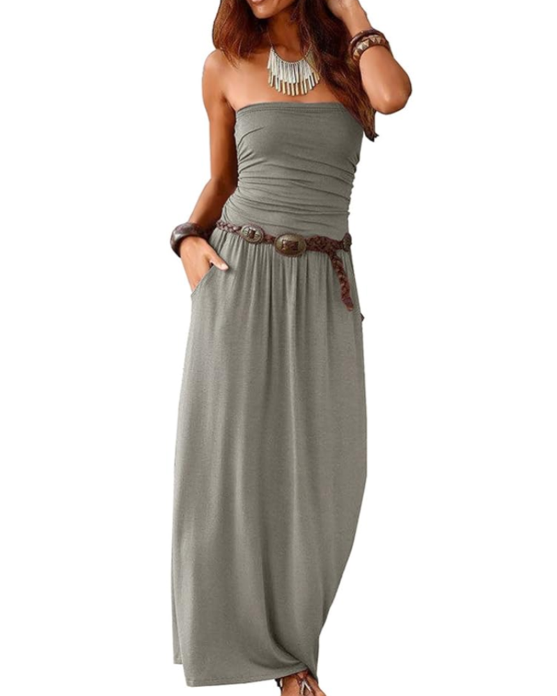 Taylor Maxikleid Damen Sommer – Einfarbiges Boho-Bustier mit Taschen