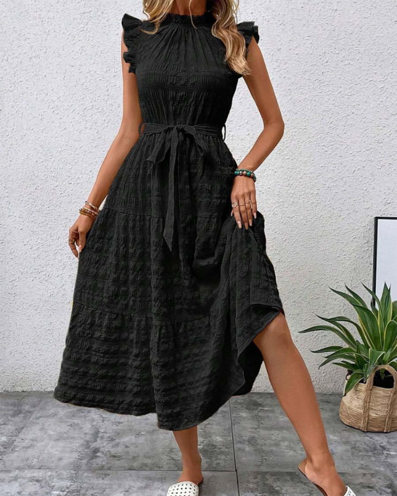 Corinne Robe Brodée Femme – Robe Trapèze Sans Manches avec Ceinture