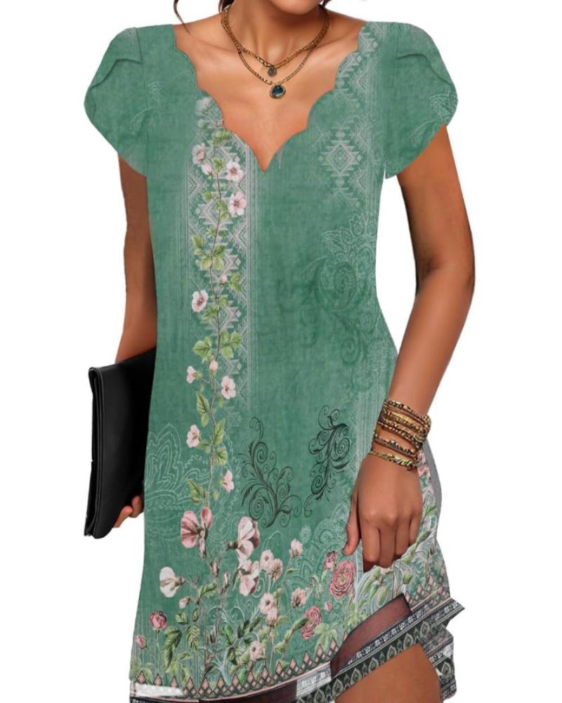 Natalia Mini-Kleid für Damen – Bedrucktes V-Ausschnitt-Kleid mit kurzen Ärmeln für den Sommer
