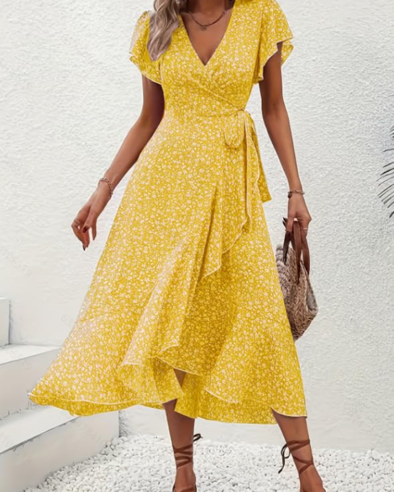 Celeste Robe Midi Fleurie Femme – Robe Col V Taille Empire avec Ceinture