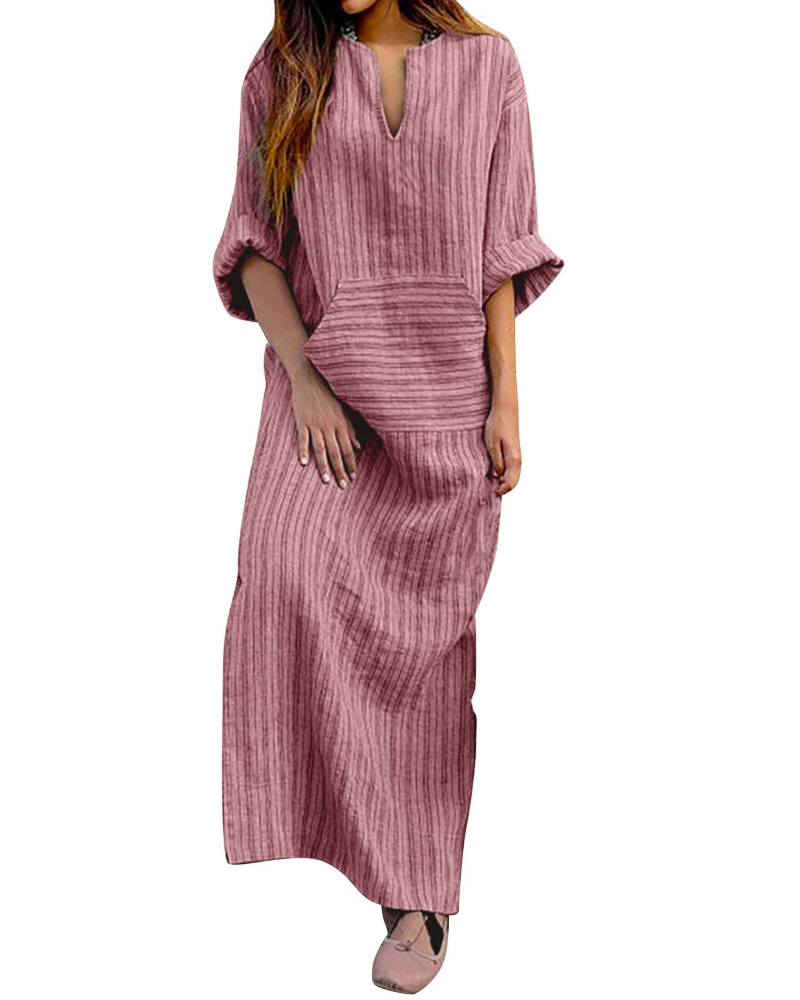 Noelle Maxikleid für Damen – Gestreifter Baumwoll-Leinenstoff, Langarm, Große Größen