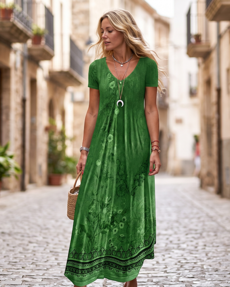 Colette Robe Resort Femme – Robe d'Été Col V Fluide à Manches Courtes