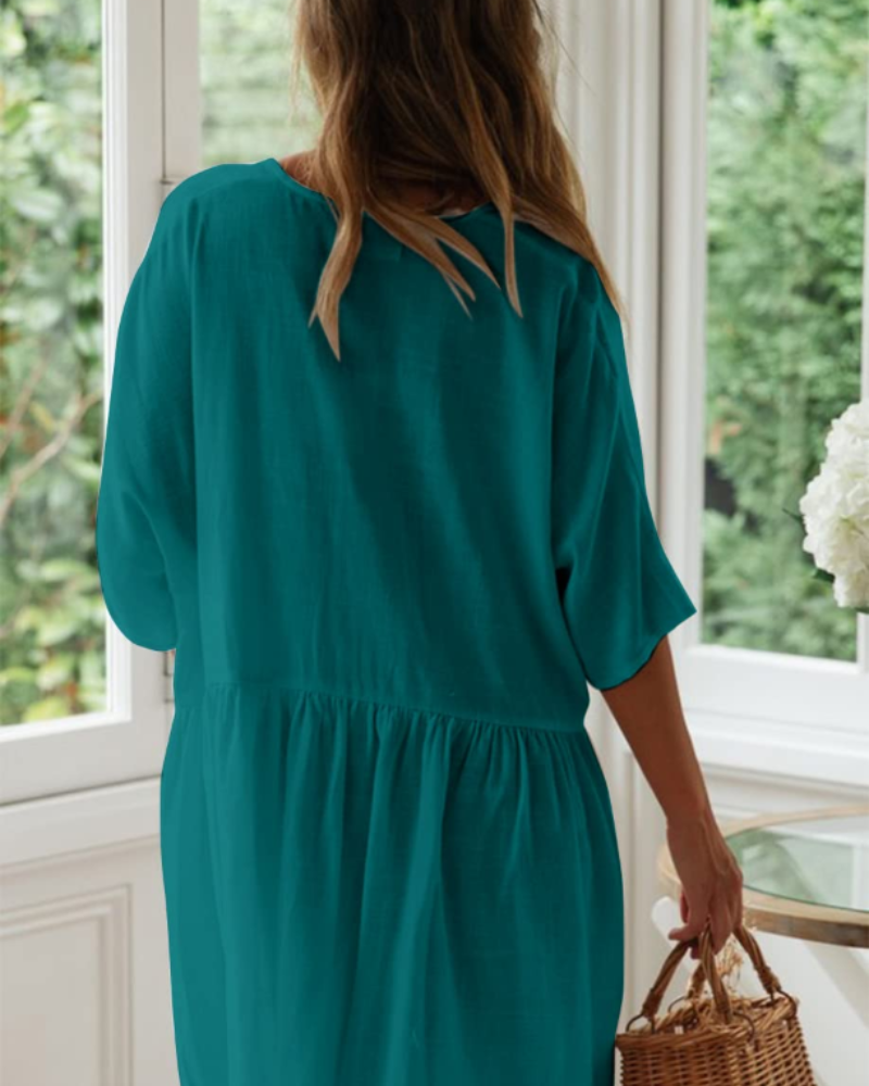 Blythe Dame Strandkjole – Oversized V-hals Kjole med Lommet i Rayon