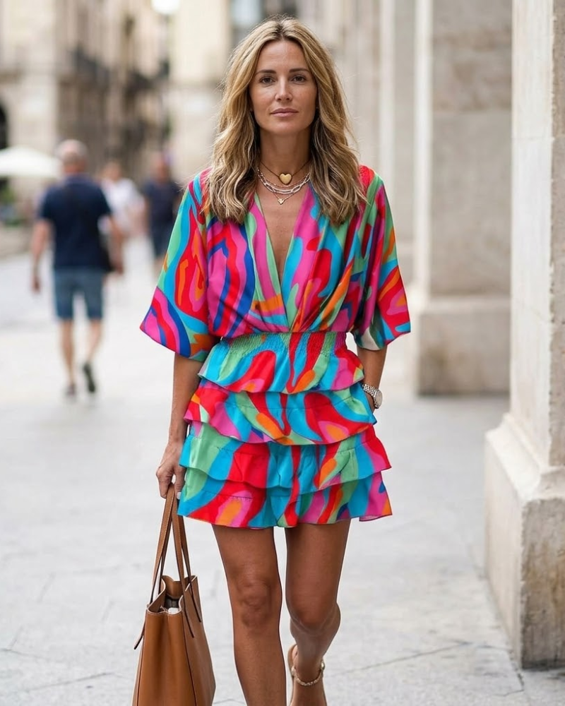Amélia Robe Femme à Col V – Robe Fluide à Volants et Taille Haute
