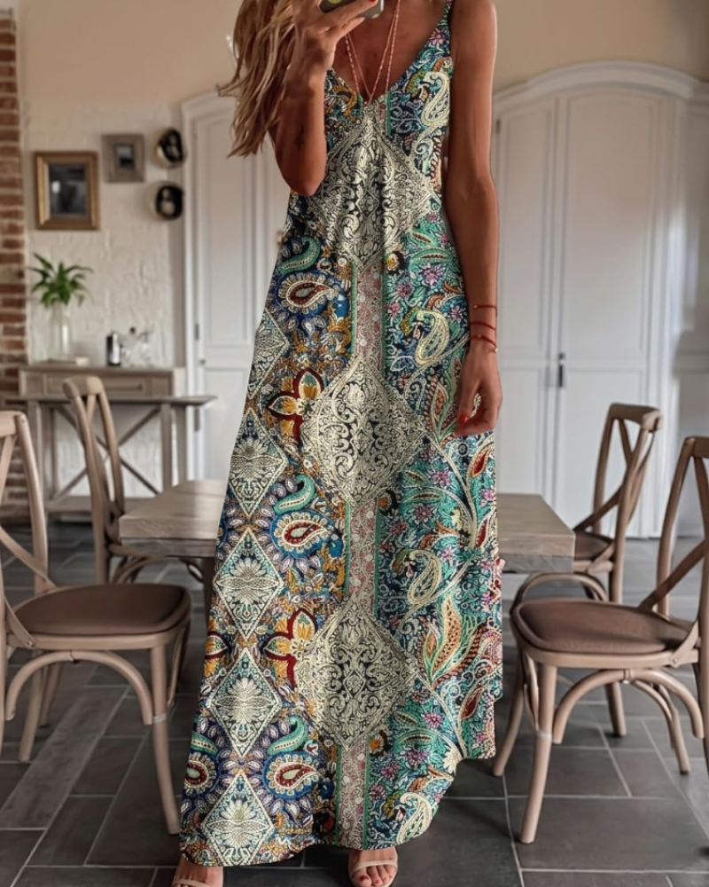 Lorelei Robe Bohème Femme – Robe Col V Sans Manches à Imprimé Ethnique
