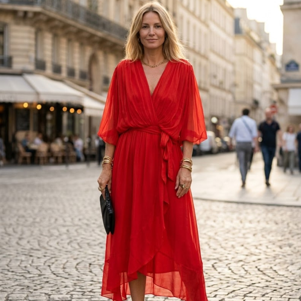 Alessia Dámské šaty – Maxi šifonové šaty s výstřihem do V, volánky a vysokým pasem, elegantní