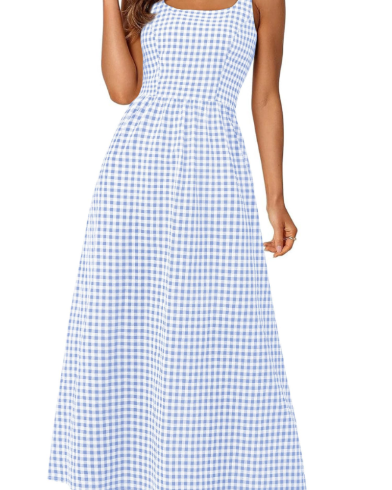 Opely Robe Maxi Femme Carreaux – Col Carré Bretelles & Taille Smockée