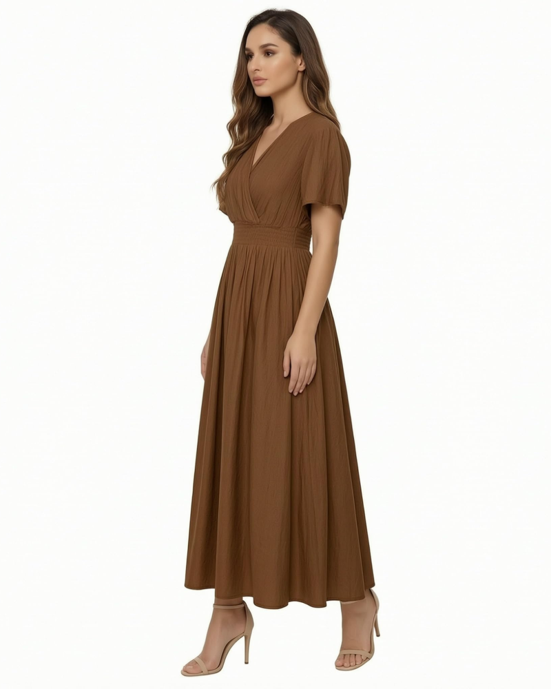 Vestido Maxi Sarai para Mulher Verão – Liso com Decote em V, Mangas com Folhos, Cintura Elástica
