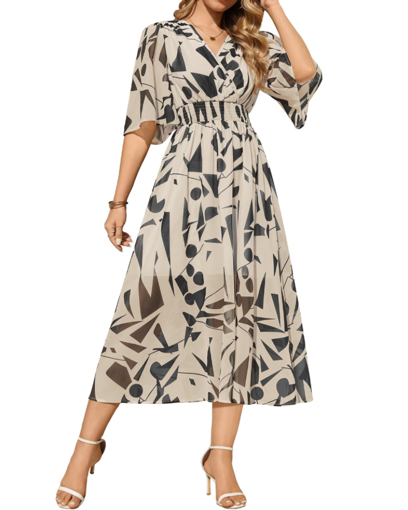 Delilah Robe Bohème Femme – Robe Longue Fleurie Col V Taille Élastique & Manches Cloche