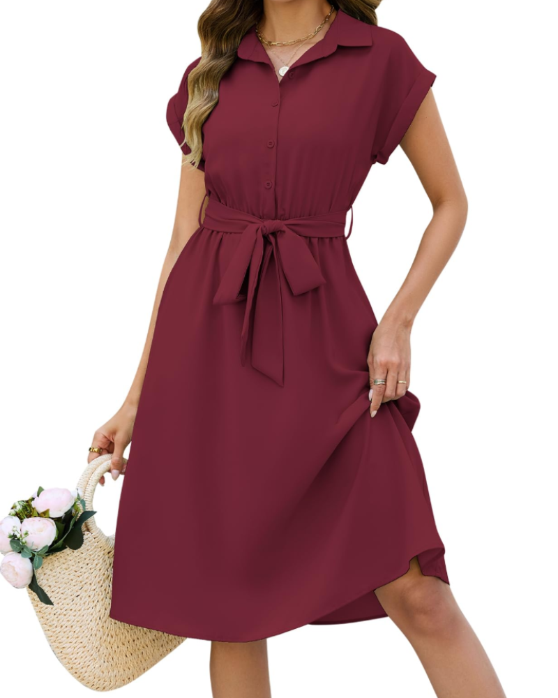 Harriet Robe Chemise Femme Été – Col V Ceinture & Poches