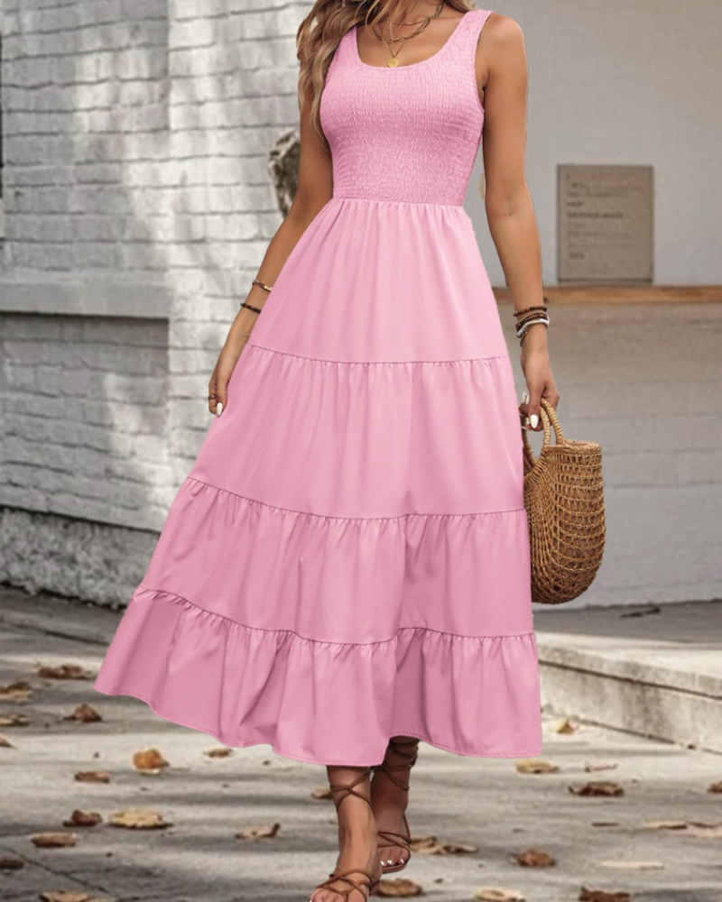 Scarlett Robe Midi Femme – Robe Sans Manches Col Carré à Volants Élégante