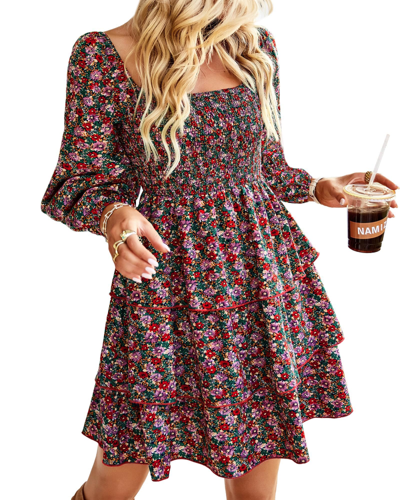 Vestito Bohemien Hazel da Donna – Vestito Corto Floreale con Collo Quadrato e Vita Arricciata