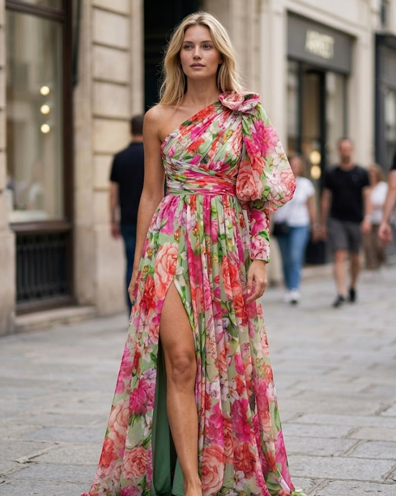 Rossana Maxi Ruha Női – Virágos Egyrészes Vállruha, Rátétek és Elegáns Hasíték