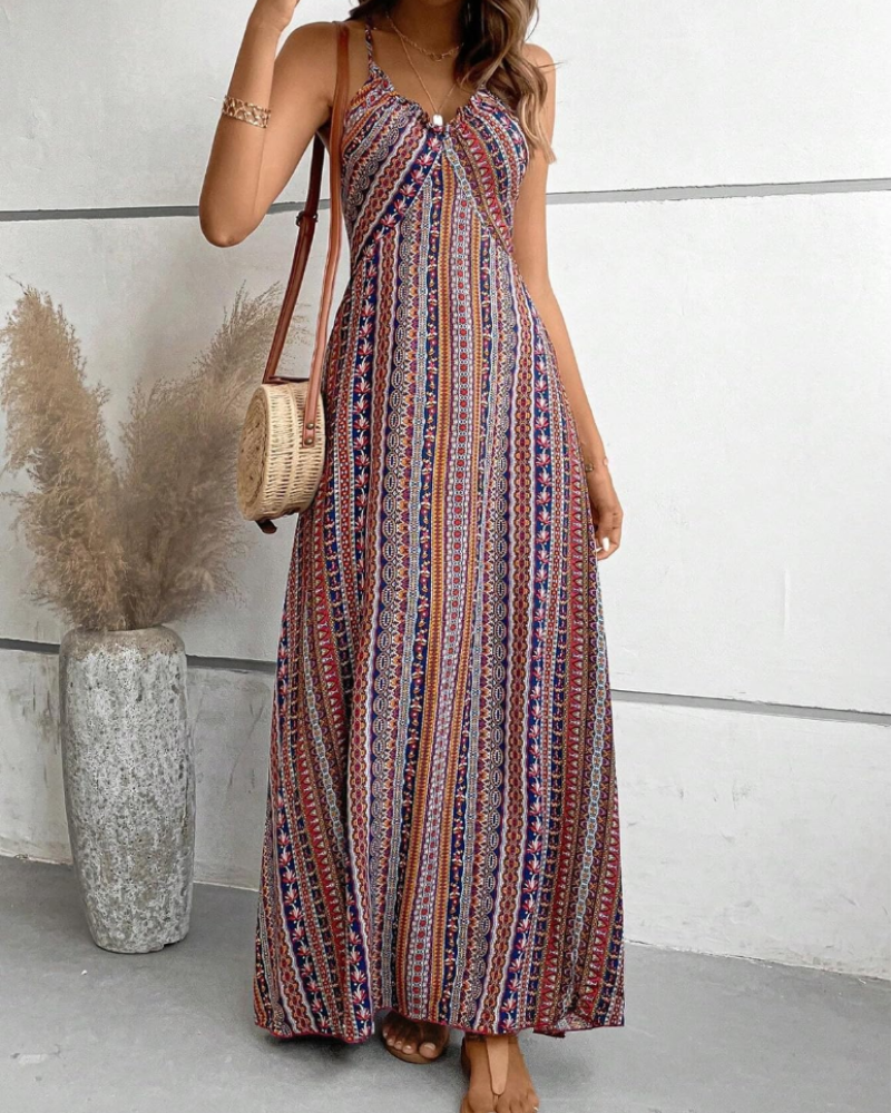 Isabell Robe Maxi Femme Été – Col V Bohème Ethnique Sans Manches