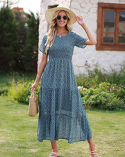 Vestido Maxi Élise Mulher – Vestido Floral Boémio Smock Folhos Verão Elegante
