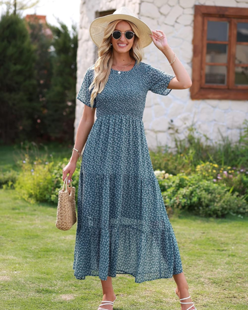 Vestido Maxi Élise Mulher – Vestido Floral Boémio Smock Folhos Verão Elegante