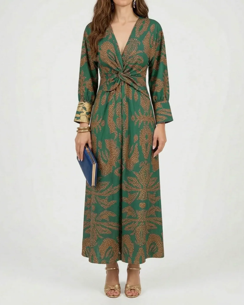 Odette Robe Maxi Femme – Robe Longue Imprimé Botanique Col V Coupe Évasée Élégante