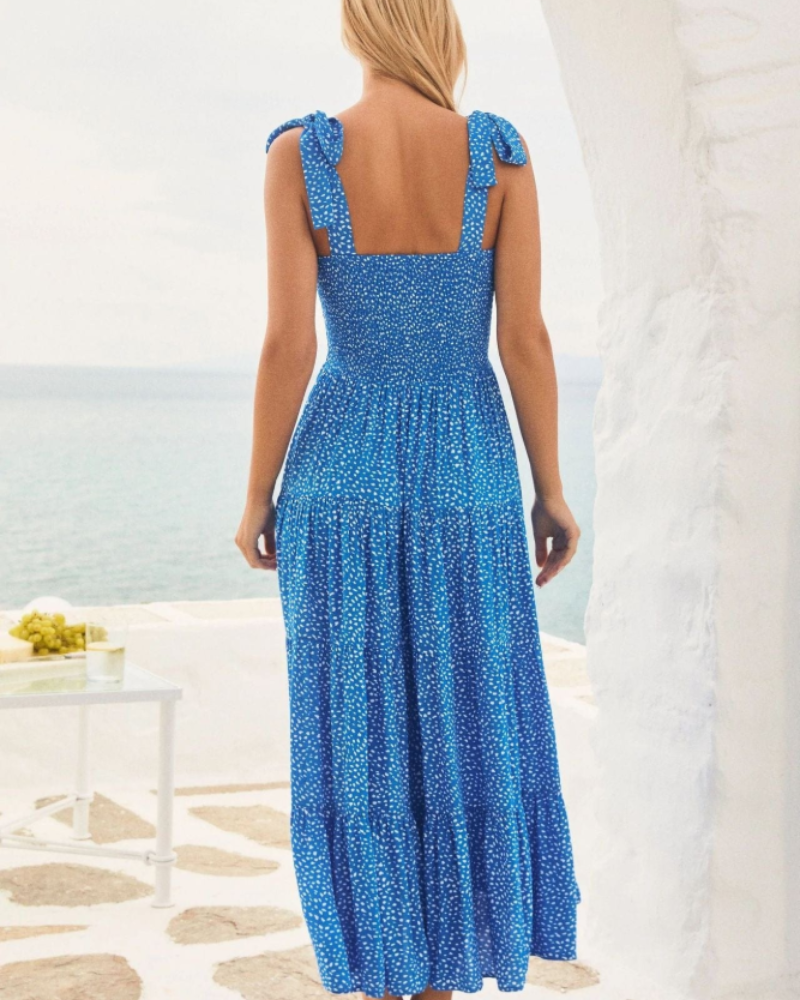 Évarine Robe Midi Femme – Robe Fleurie Smockée à Bretelles Nouées et Jupe Volantée