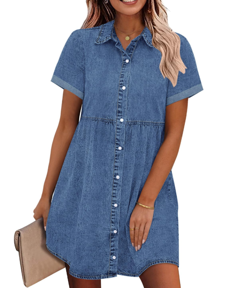 Vestido Camisón Emma para Mujer en Denim – Vestido Babydoll Abotonado con Volantes Superpuestos