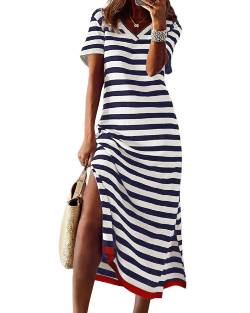 Herbst Maxikleid Damen Gestreift – Langes Freizeitkleid mit kurzen Ärmeln im Color-Block-Design
