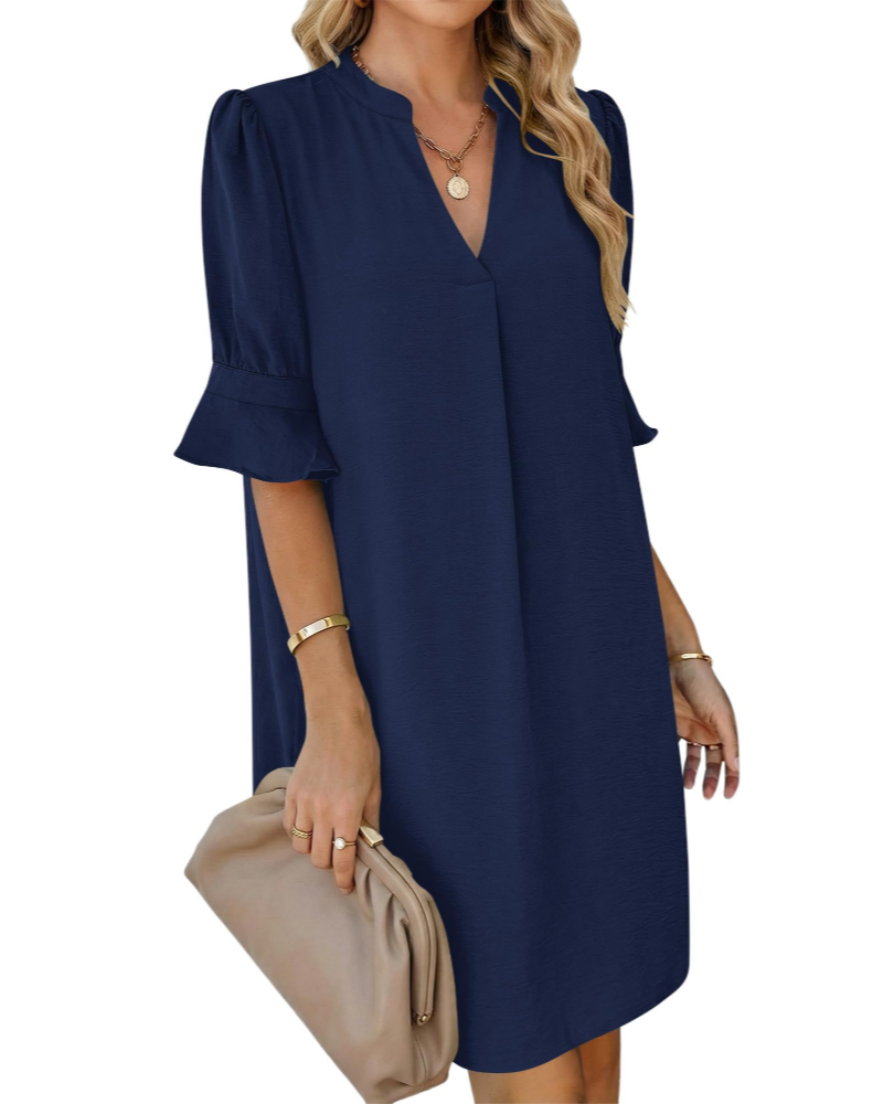 Vestido Ronella para mujer – vestido de verano con cuello en V, corte evasé, bolsillos y mangas con volantes