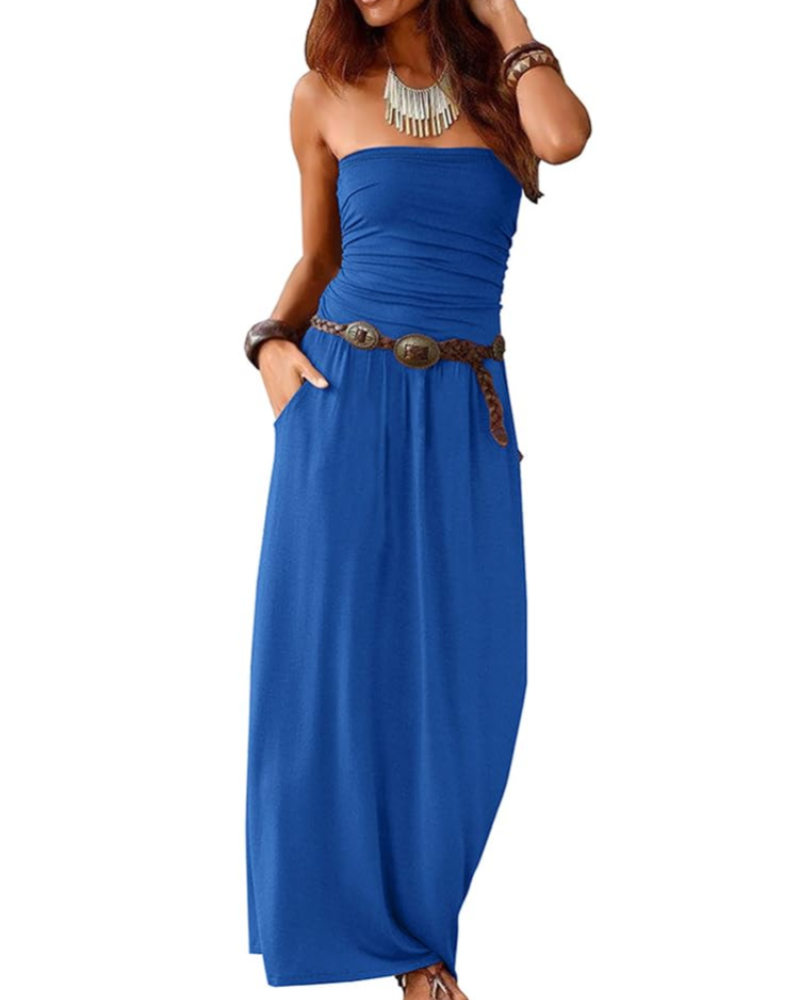 Taylor Maxikleid Damen Sommer – Einfarbiges Boho-Bustier mit Taschen