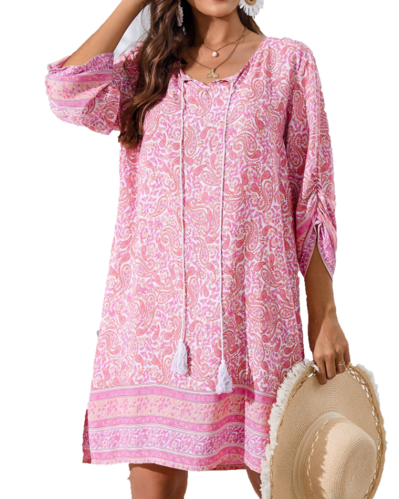 Mara Tunique Femme Été – Florale Bohème Manches 3/4 & Nœud