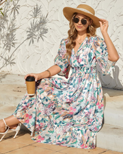 Delilah Robe Bohème Femme – Robe Longue Fleurie Col V Taille Élastique & Manches Cloche