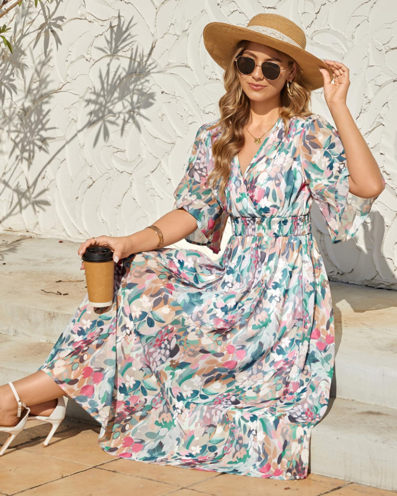 Delilah Robe Bohème Femme – Robe Longue Fleurie Col V Taille Élastique & Manches Cloche