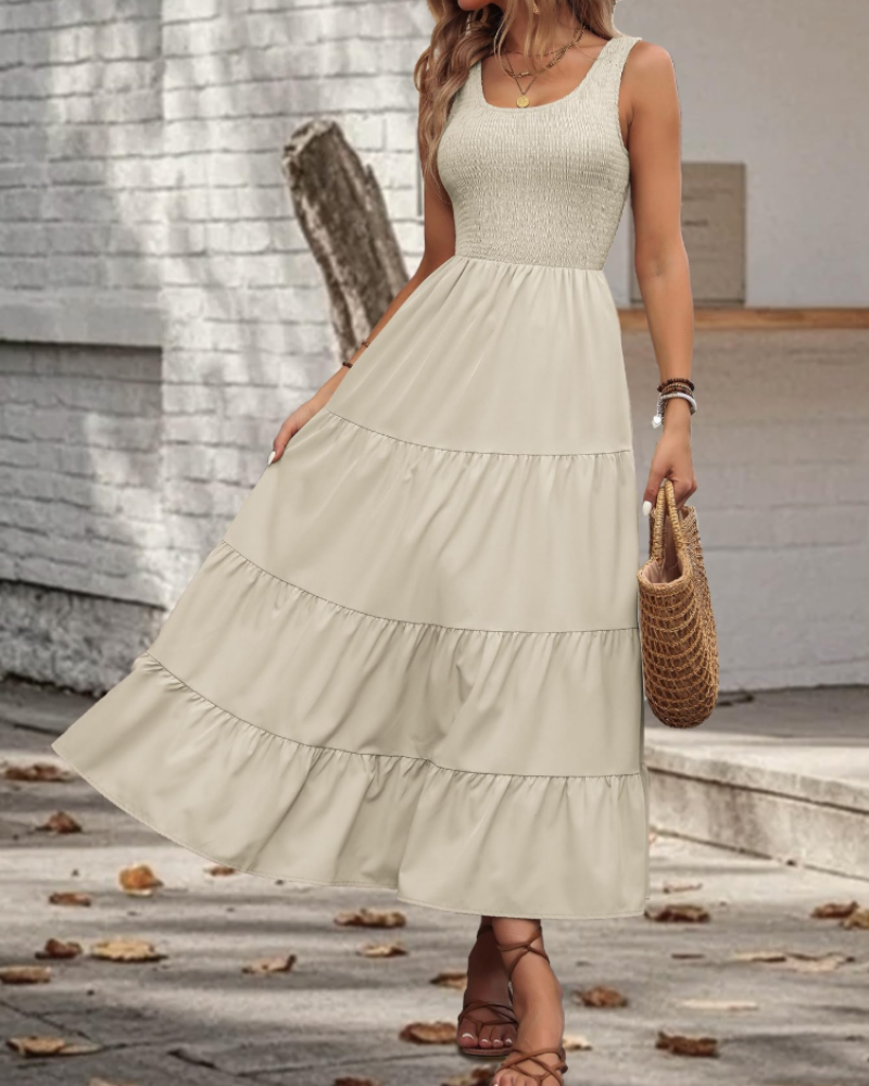 Scarlett Robe Midi Femme – Robe Sans Manches Col Carré à Volants Élégante