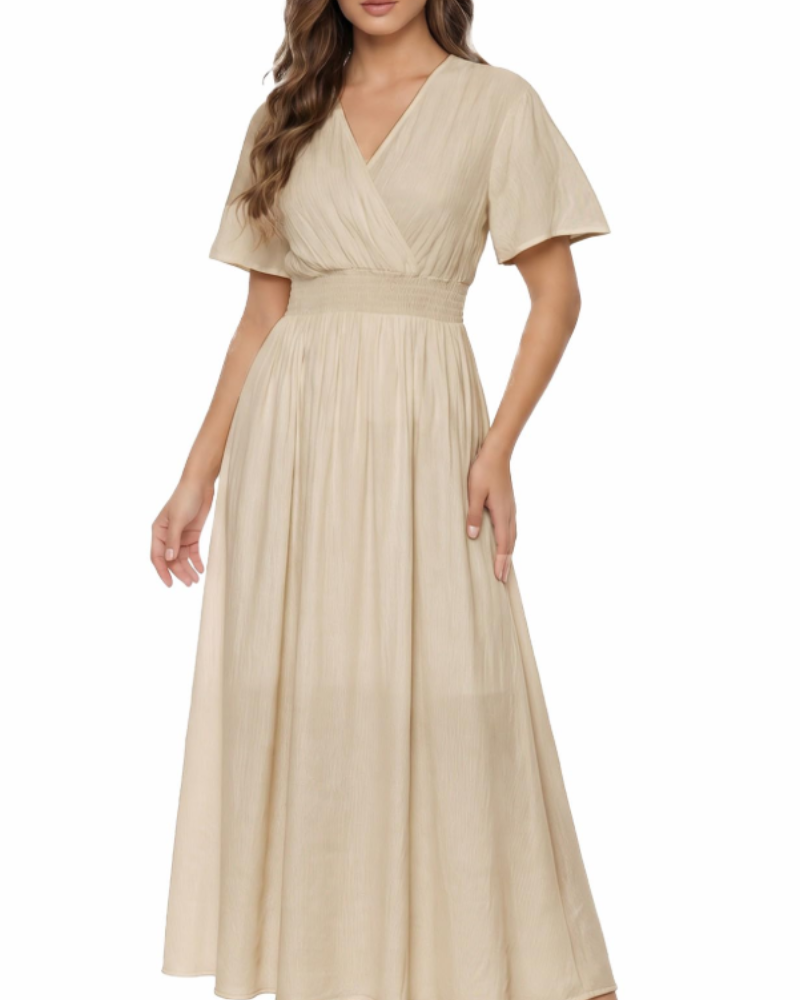 Vestido Maxi Sarai para Mulher Verão – Liso com Decote em V, Mangas com Folhos, Cintura Elástica