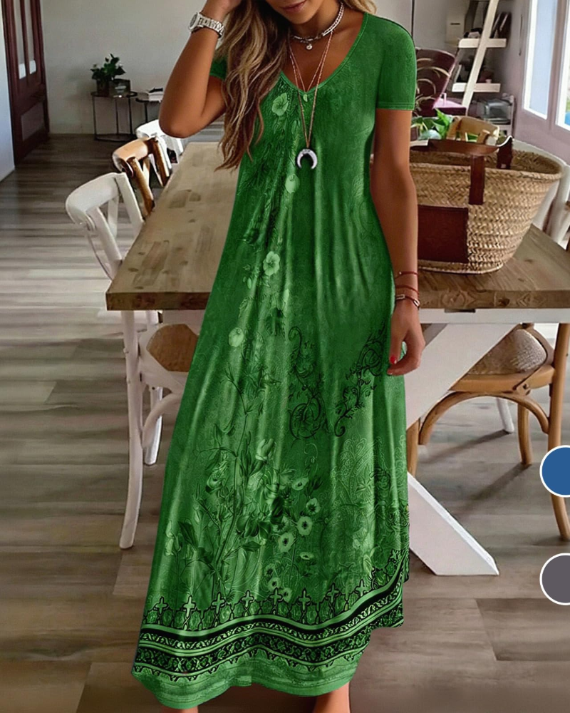 Colette Robe Resort Femme – Robe d'Été Col V Fluide à Manches Courtes