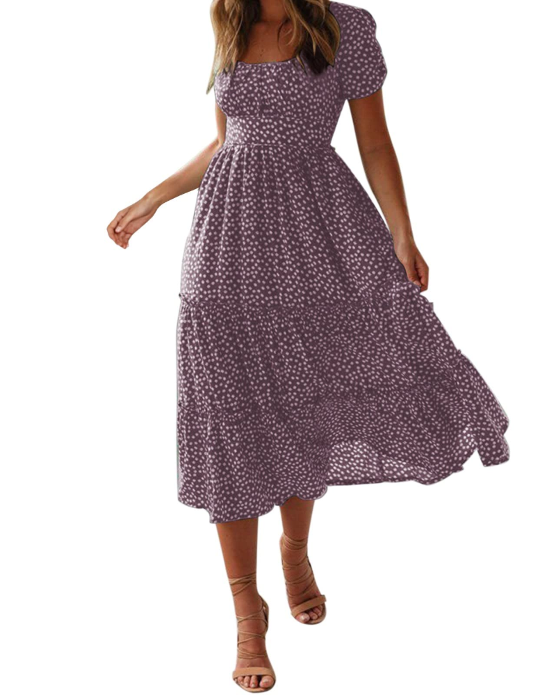Aria Robe Midi Femme Été – Fleurie Col Carré Manches Volantées
