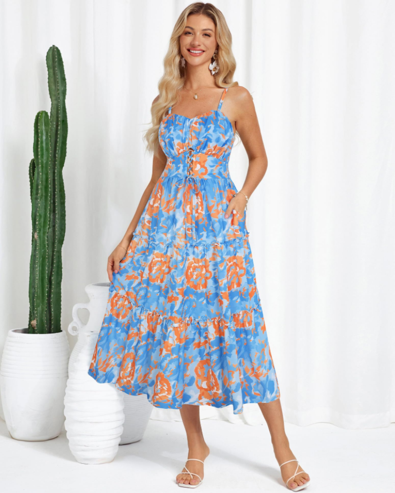 Kayla Robe Midi Femme Été – Florale Bretelles Réglables & Poches