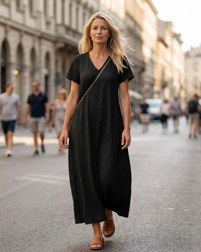 Laura Women's Dress – Long Linen Dress V-Neck Fluid Cut Bohemian Comfortable Summer