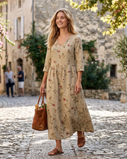 Marigold Maxi Ruha Nőknek – Virágos V-nyakú Ruha Zsebekkel, Elegáns, Laza Vágással