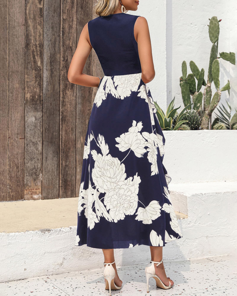 Zoey Midikleid mit Blumenmuster für Damen – ärmelloses Boho-Kleid mit hoher Taille und Volants
