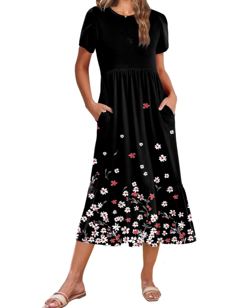 Emily Midikleid für Damen mit Volants – Sommerkleid mit ausgestelltem Schnitt, hoher Taille und Taschen