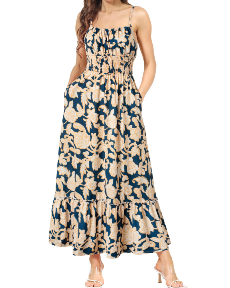 Vestido Maxi Piper para Mulher – Floral Plissado com Alças Finas Ajustáveis